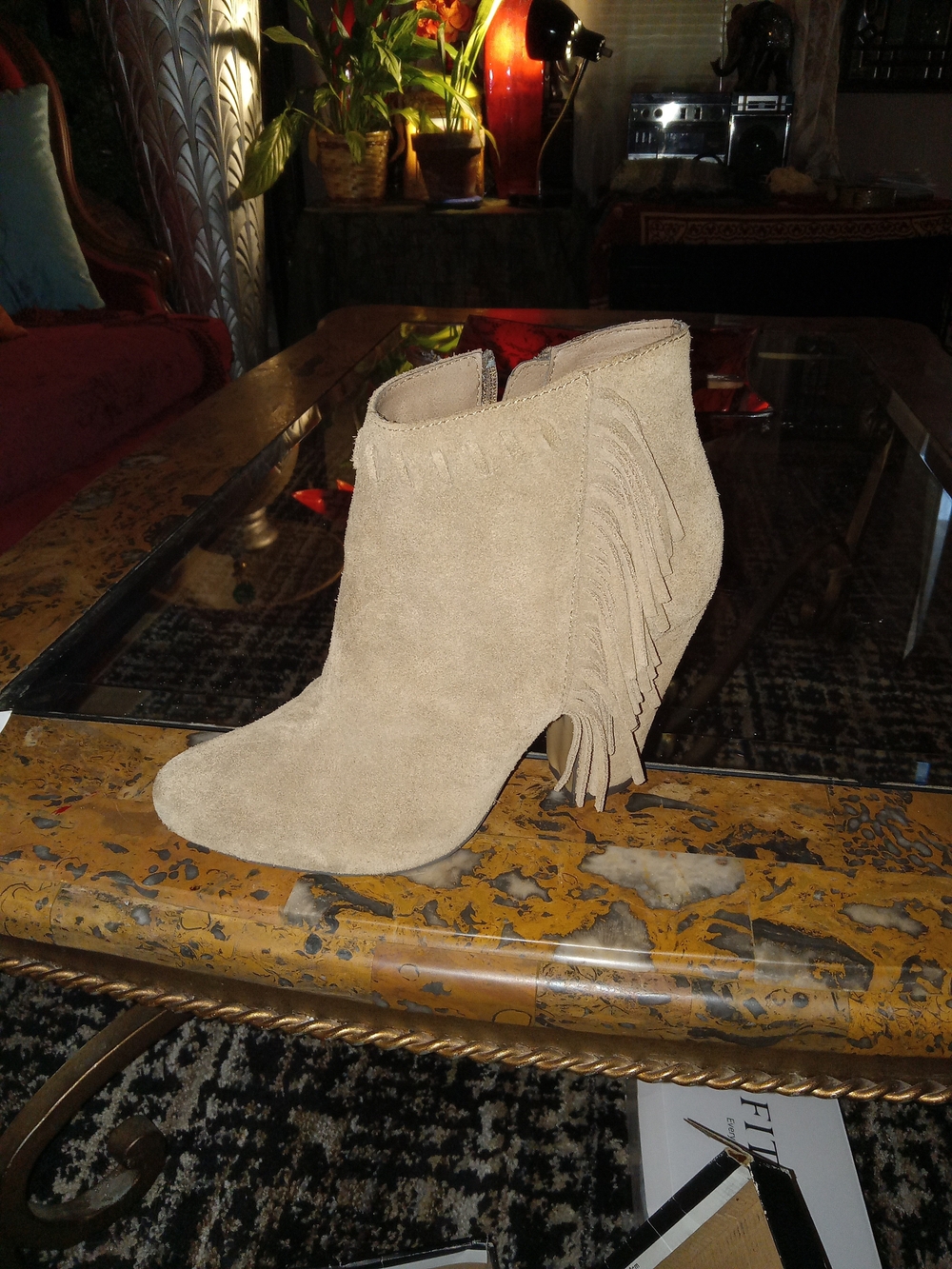 MIA Beige Fringe Suede Ankle Bootie
